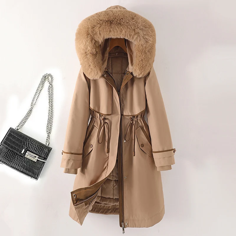 Damen nan langer Parka mit Kunstfellkapuze Taillenzug und kontrastierten Paspeln Nord Taschen