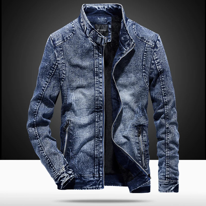 Herren vintagegewaschener Denimblouson mit Stehkragen und verdecktem Reißverschluss Nord Taschen
