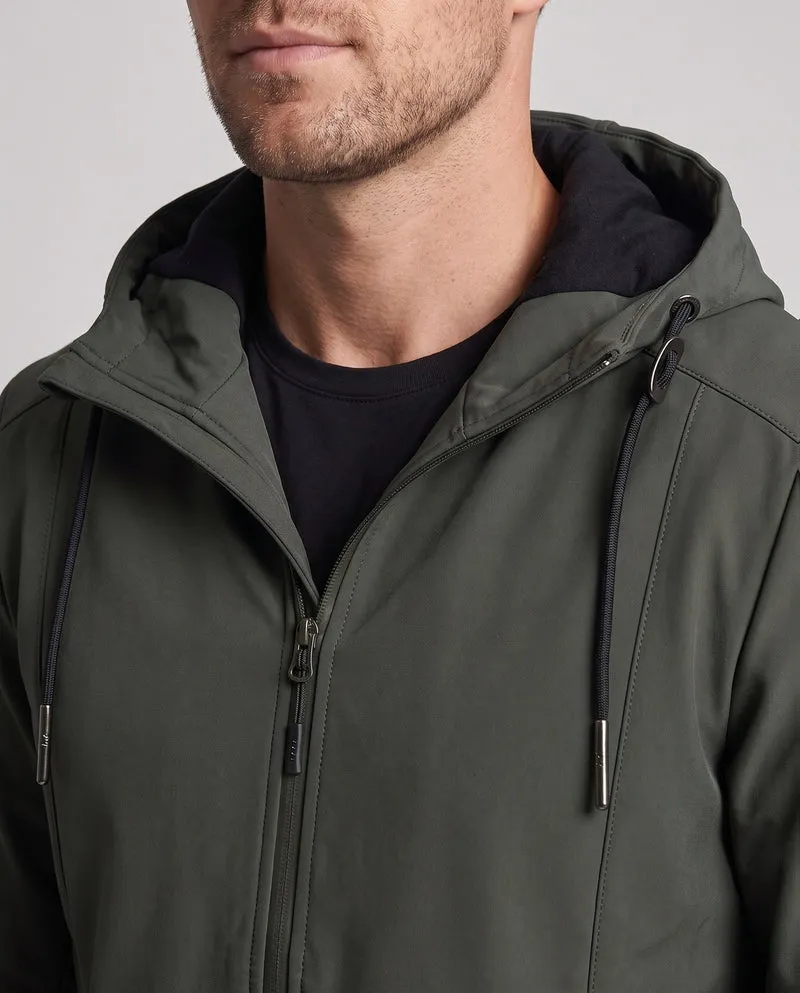 Herren leichte Softshell-Parka mit Kapuze, winddichte Oberfläche, verdeckter Reißverschluss und Klappentaschen