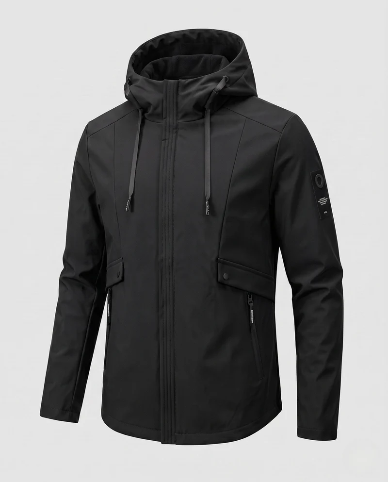 Herren leichte Softshell-Parka mit Kapuze, winddichte Oberfläche, verdeckter Reißverschluss und Klappentaschen