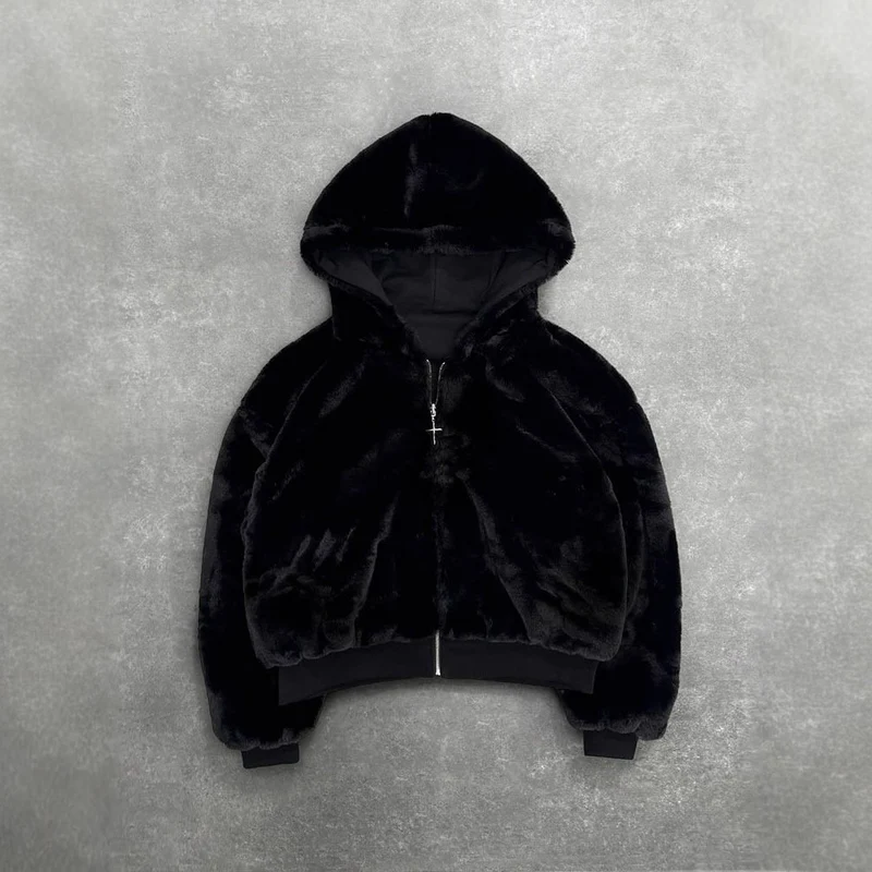 Unisex Kapuzen-Sweatjacke mit Kunstfellfutter, verkürztem Schnitt und Kreuz-Reißverschluss Nord Taschen