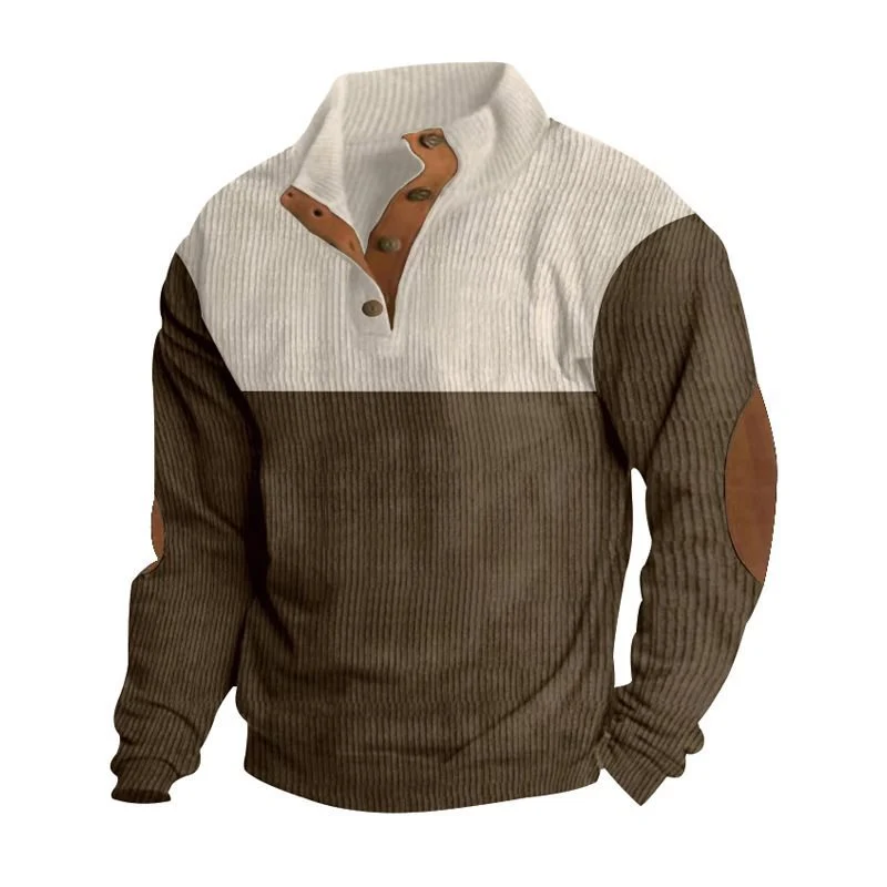 Herren Strukturierter Pullover mit Henley-Knopfleiste, Ellbogen-Patches und zweifarbigem Block Nord Taschen