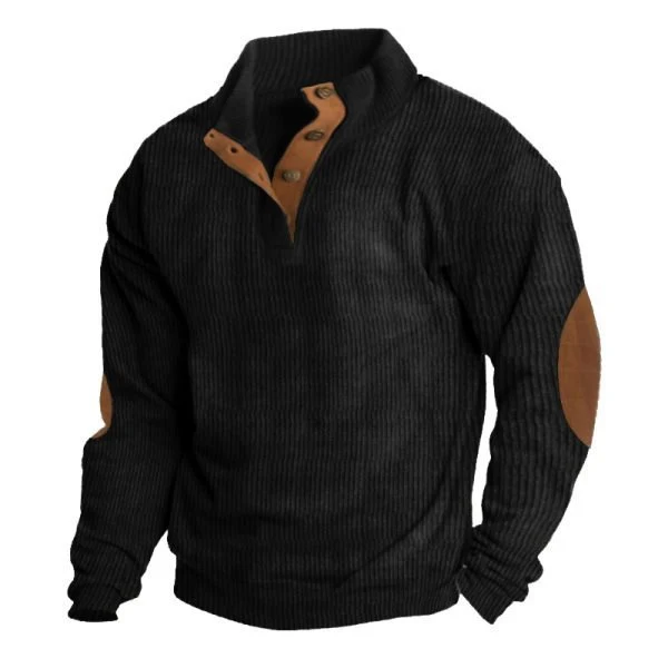 Herren Strukturierter Pullover mit Henley-Knopfleiste, Ellbogen-Patches und zweifarbigem Block Nord Taschen