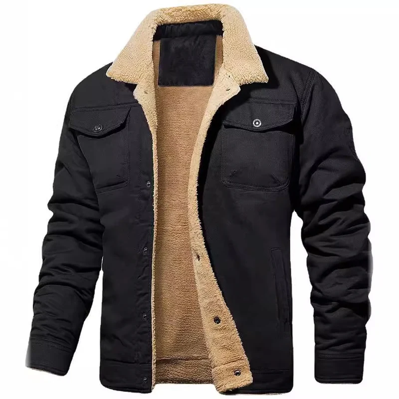 Herren Sherpa-gefütterte Canvas-Truckerjacke mit Teddyfell-Innenfutter und Hemdkragen Nord Taschen