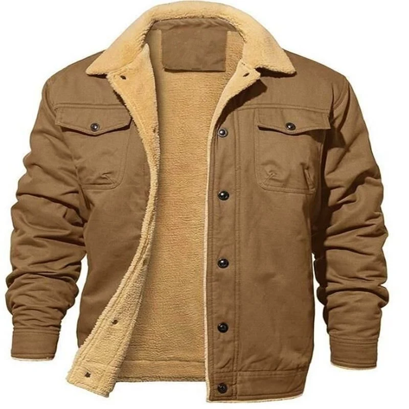 Herren Sherpa-gefütterte Canvas-Truckerjacke mit Teddyfell-Innenfutter und Hemdkragen Nord Taschen