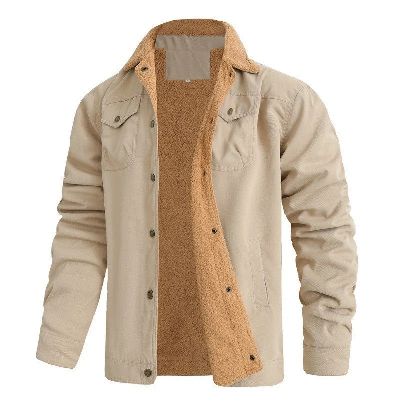 Herren Sherpa-gefütterte Canvas-Truckerjacke mit Teddyfell-Innenfutter und Hemdkragen Nord Taschen