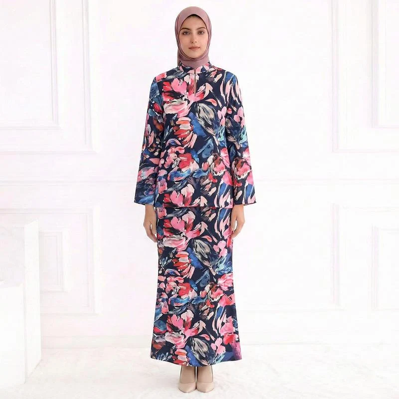 Damen Zweiteiliges Modest-Set aus Tunika mit Stehkragen und geradem Maxirock mit Blumenprint Nord Taschen