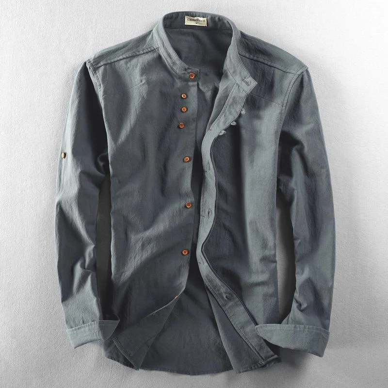 Herren Leichtes Baumwoll-Leinen Overshirt mit Stehkragen und Knopfleisten-Detail Nord Taschen