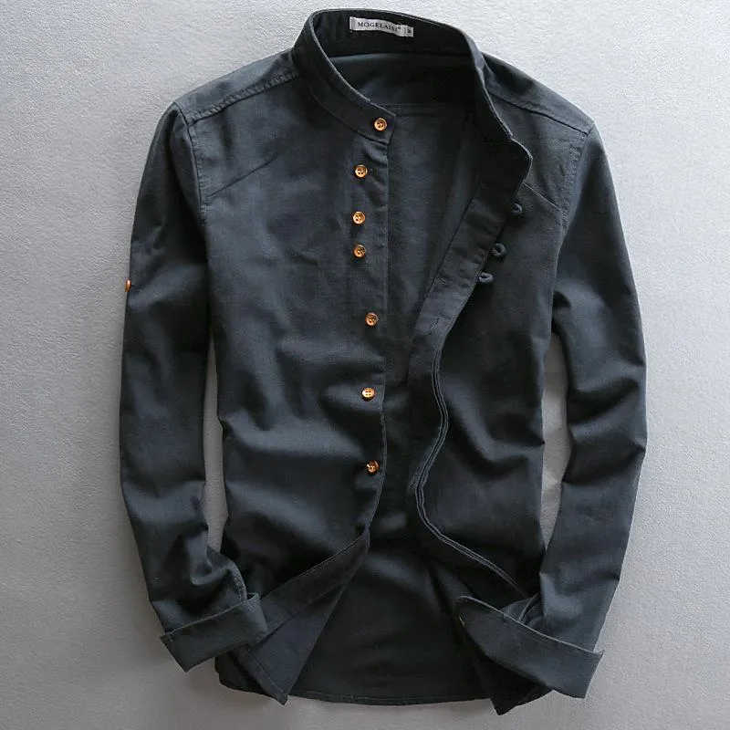 Herren Leichtes Baumwoll-Leinen Overshirt mit Stehkragen und Knopfleisten-Detail Nord Taschen