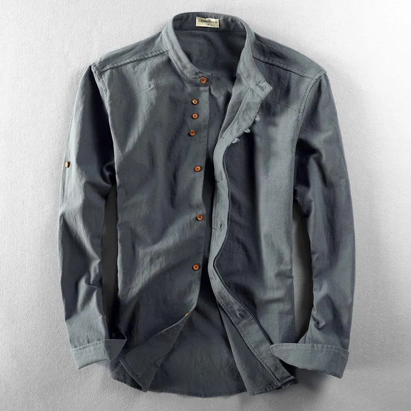 Herren Leichtes Baumwoll-Leinen Overshirt mit Stehkragen und Knopfleisten-Detail Nord Taschen
