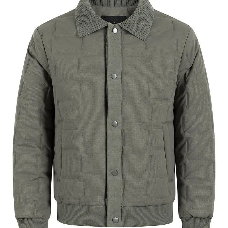 Herren Kurz geschnittene gesteppte Bomberjacke mit Rippenkragen, Druckknopfleiste und geometrischem Quilt Nord Taschen
