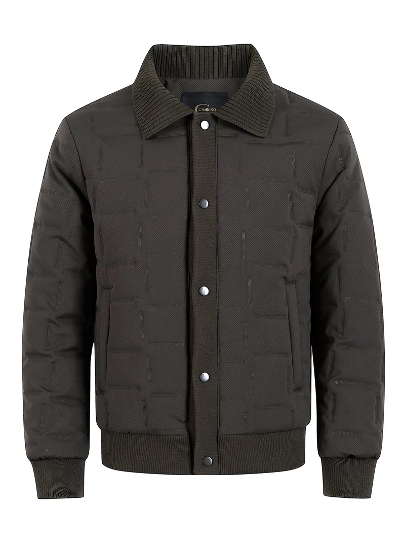 Herren Kurz geschnittene gesteppte Bomberjacke mit Rippenkragen, Druckknopfleiste und geometrischem Quilt Nord Taschen
