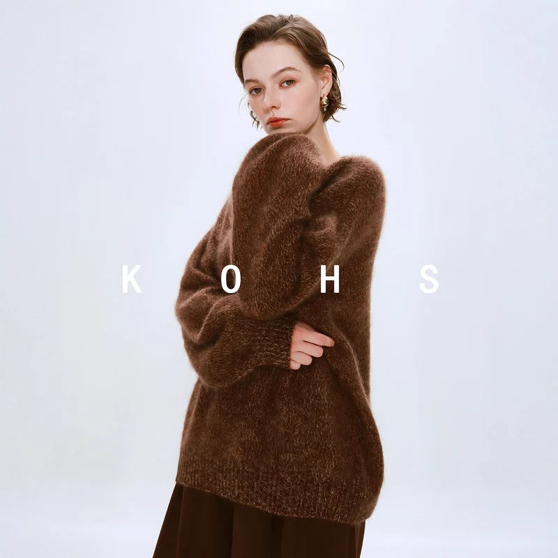 Damen Oversize Mohair-Optik Pullover mit Rundhalsausschnitt Nord Taschen