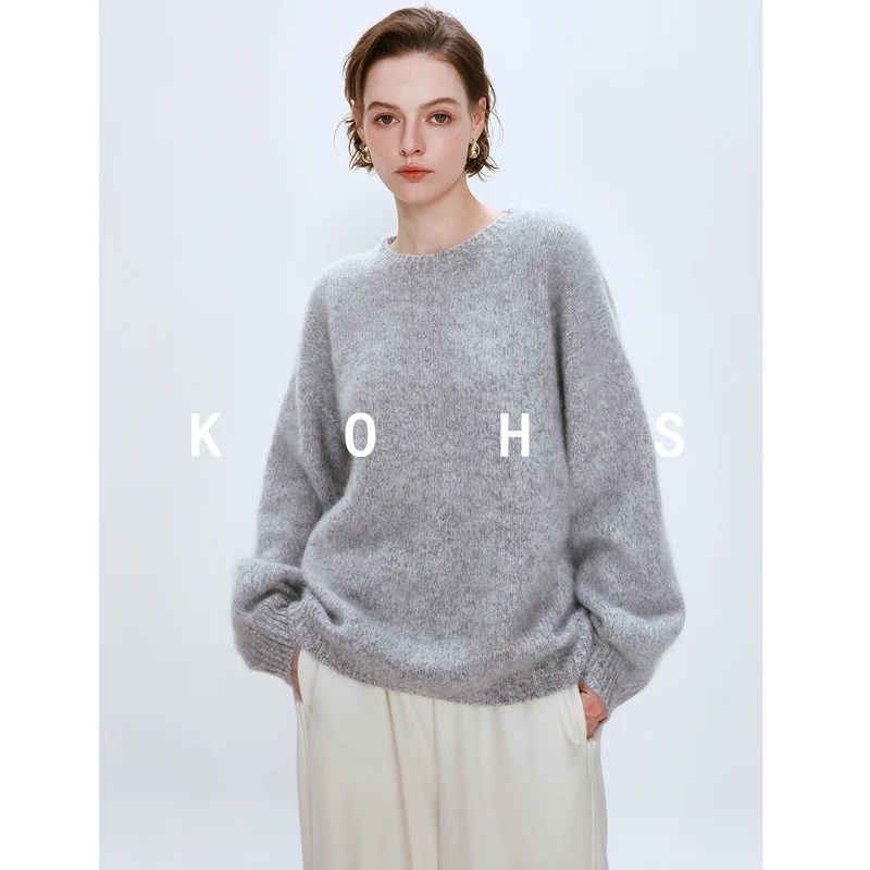 Damen Oversize Mohair-Optik Pullover mit Rundhalsausschnitt Nord Taschen