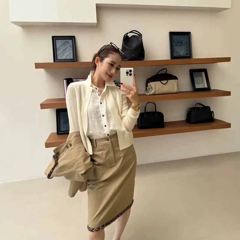 Damen Leichter Baumwollmix-Cardigan mit offenem Frontfall und feiner Struktur Nord Taschen