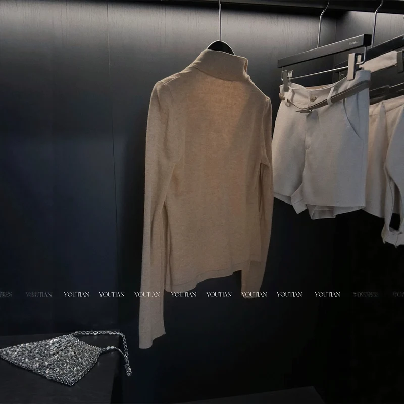 Damen Langer Feiner Strickcardigan mit Stehkragen und Knopfleiste Nord Taschen