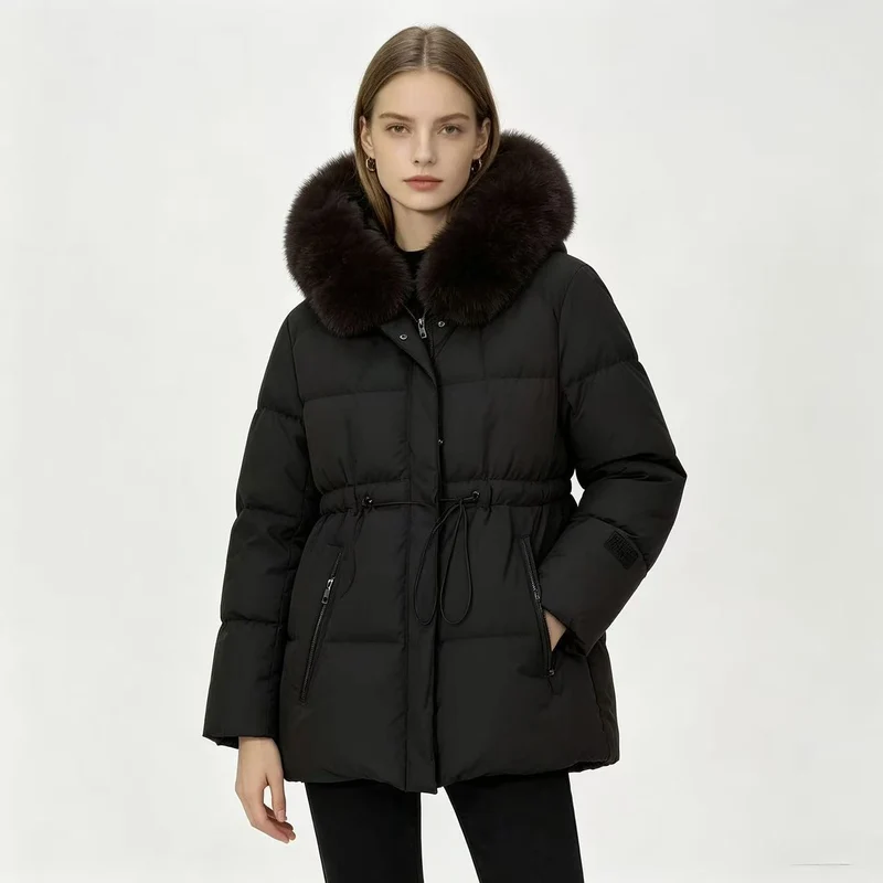 Damen nan kurze wattierte Steppjacke mit Kordelzugtaillierung und voluminösem Fellkragen Nord Taschen