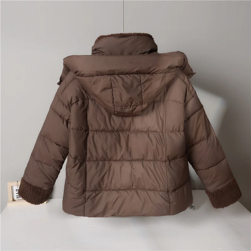 Damen nan kurze wattierte Jacke mit hochschließendem Teddykragen, Fleece-Innenfutter und verstellbarem Saum Nord Taschen