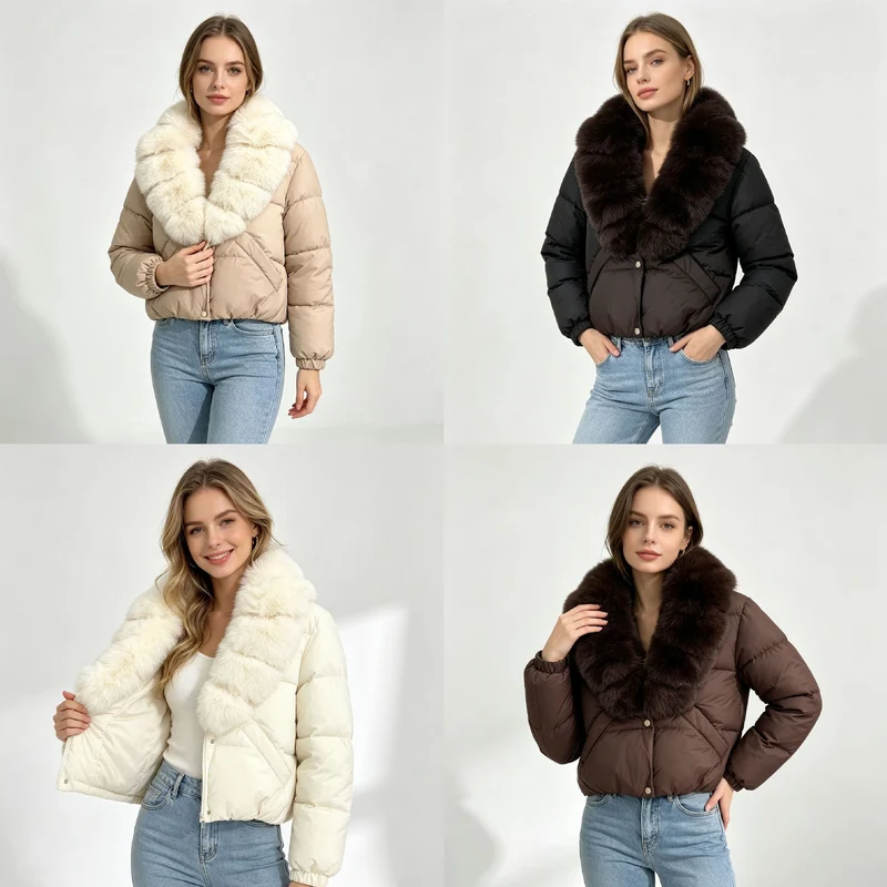 Damen nan kurze wattierte Cropped-Jacke mit extra voluminösem Kunstpelz-Schalkragen und elastischen Bündchen Nord Taschen