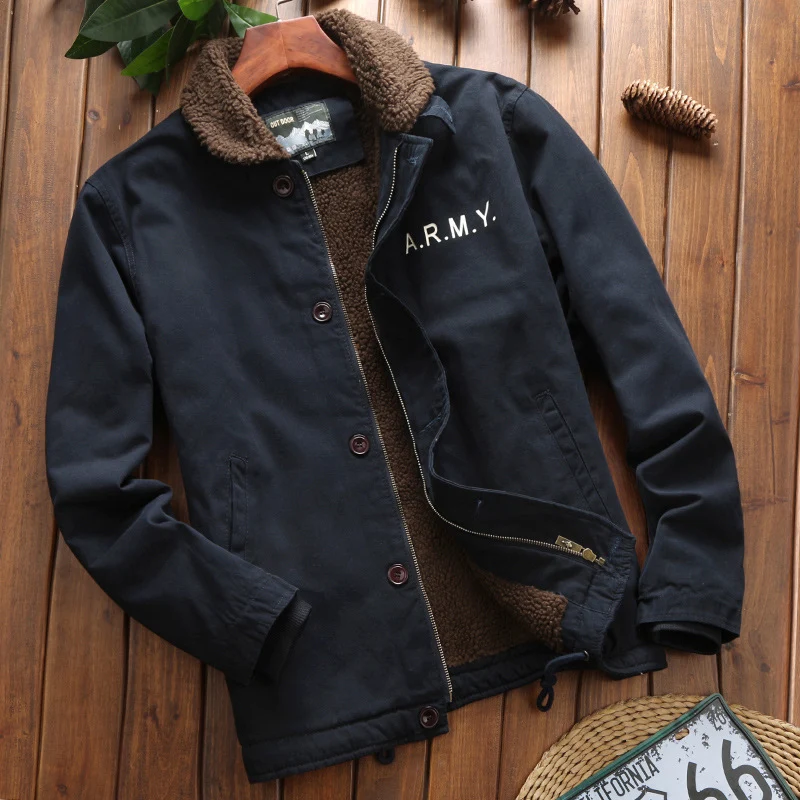 Herren Vintage-inspirierter Canvas-Fliegerblouson mit voluminösem Sherpa-Futter, zweifacher Frontöffnung und verstärkten Taschen Nord Taschen