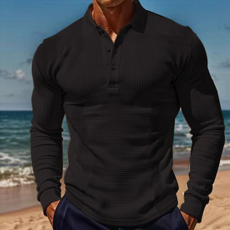 Herren Langarm-Henley-Shirt aus atmungsaktivem Strukturmaterial mit dekorativen Knöpfen