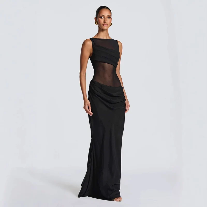 Damen Elegantes Abendkleid mit transparentem Oberteil und raffinierten Rüschen