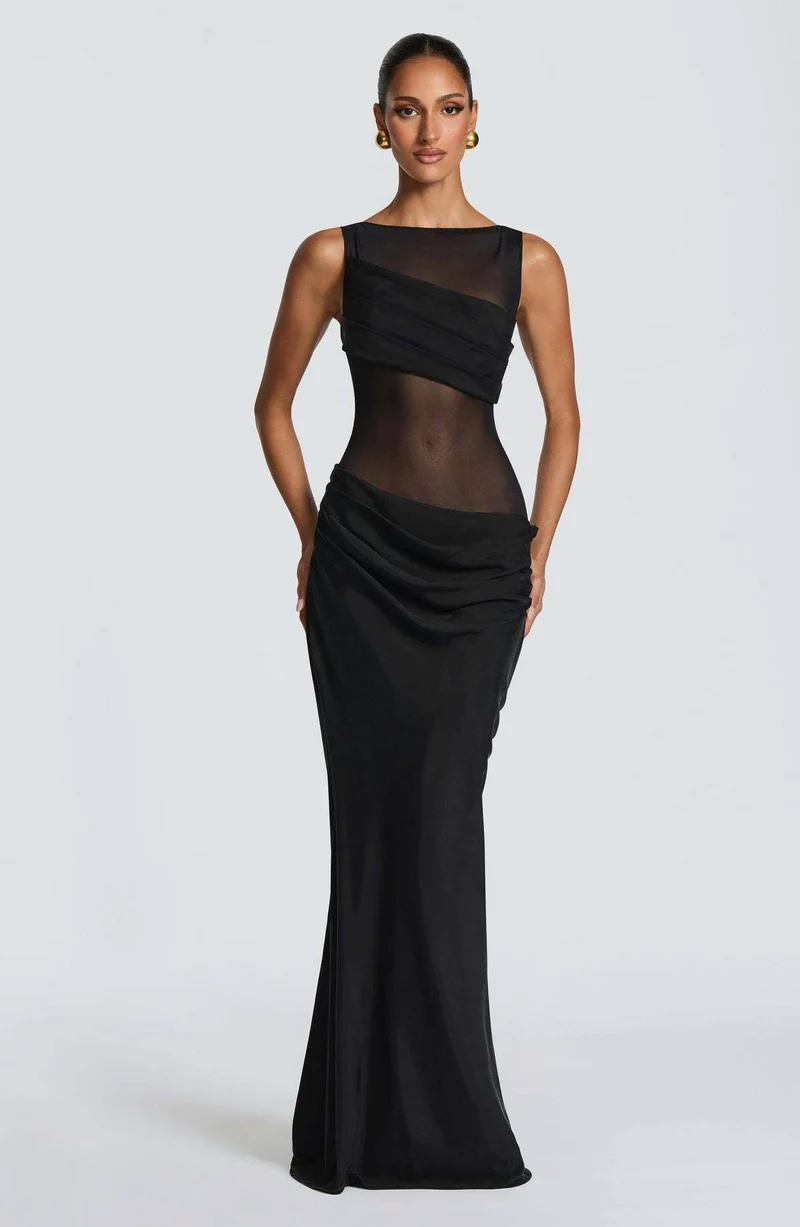 Damen Elegantes Abendkleid mit transparentem Oberteil und raffinierten Rüschen