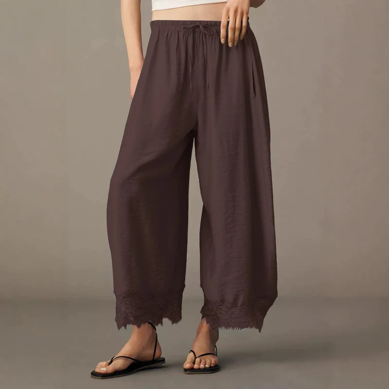 Damen Weite Palazzo-Hose mit elastischem Tunnelzugbund und Spitzenbesatz Nord Taschen