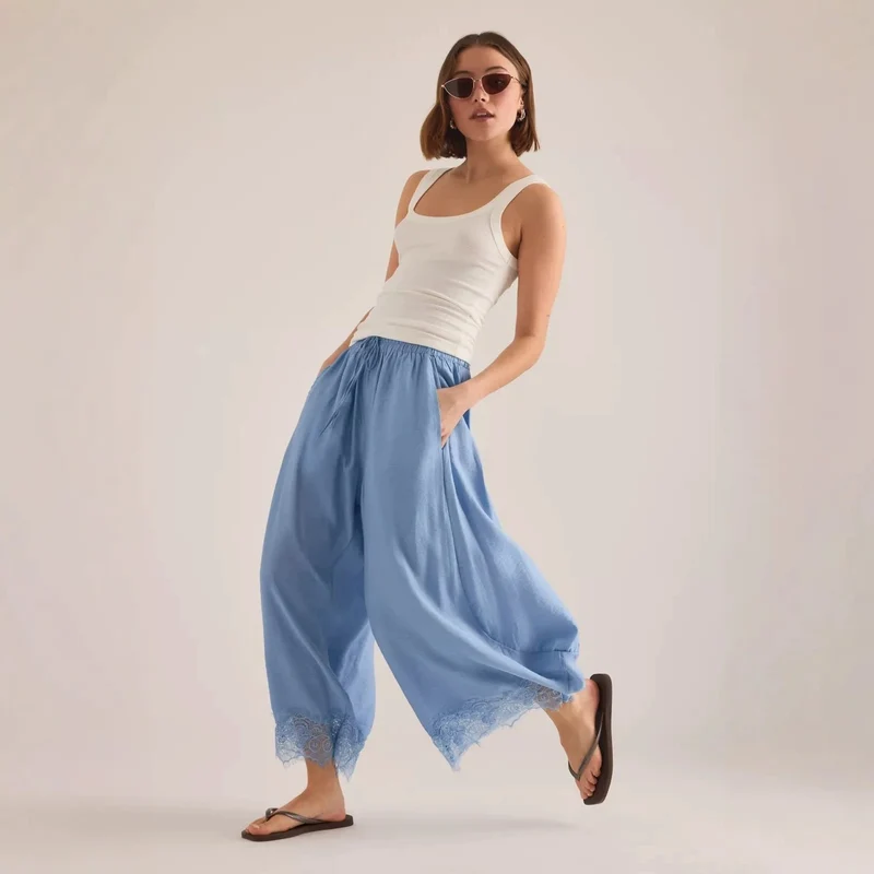 Damen Weite Palazzo-Hose mit elastischem Tunnelzugbund und Spitzenbesatz Nord Taschen
