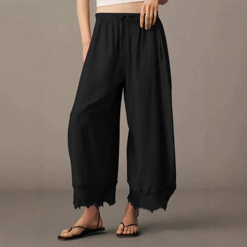 Damen Weite Palazzo-Hose mit elastischem Tunnelzugbund und Spitzenbesatz Nord Taschen