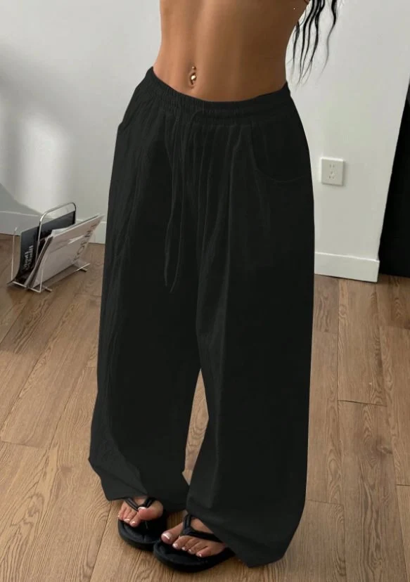 Damen Weite Leinenmix-Hose mit hohem Elastikbund, Kordelzug und Seitentaschen Nord Taschen