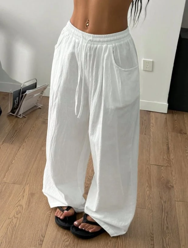 Damen Weite Leinenmix-Hose mit hohem Elastikbund, Kordelzug und Seitentaschen Nord Taschen