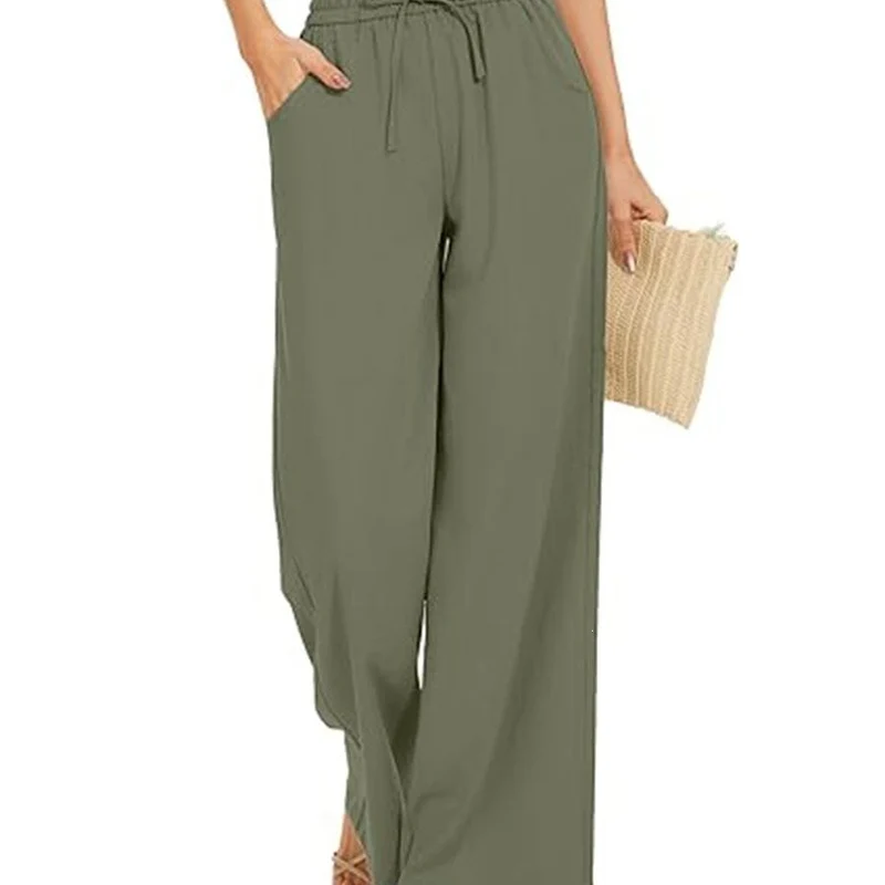 Damen Weite Leinenhose mit hohem elastischem Bund, Kordelzug und Eingrifftaschen Nord Taschen