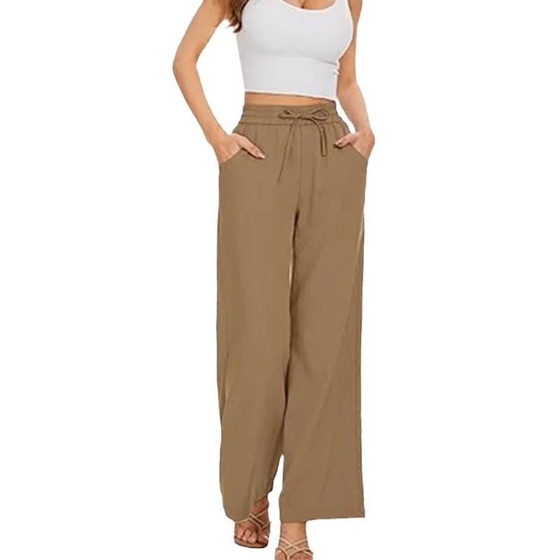 Damen Weite Leinenhose mit hohem elastischem Bund, Kordelzug und Eingrifftaschen Nord Taschen