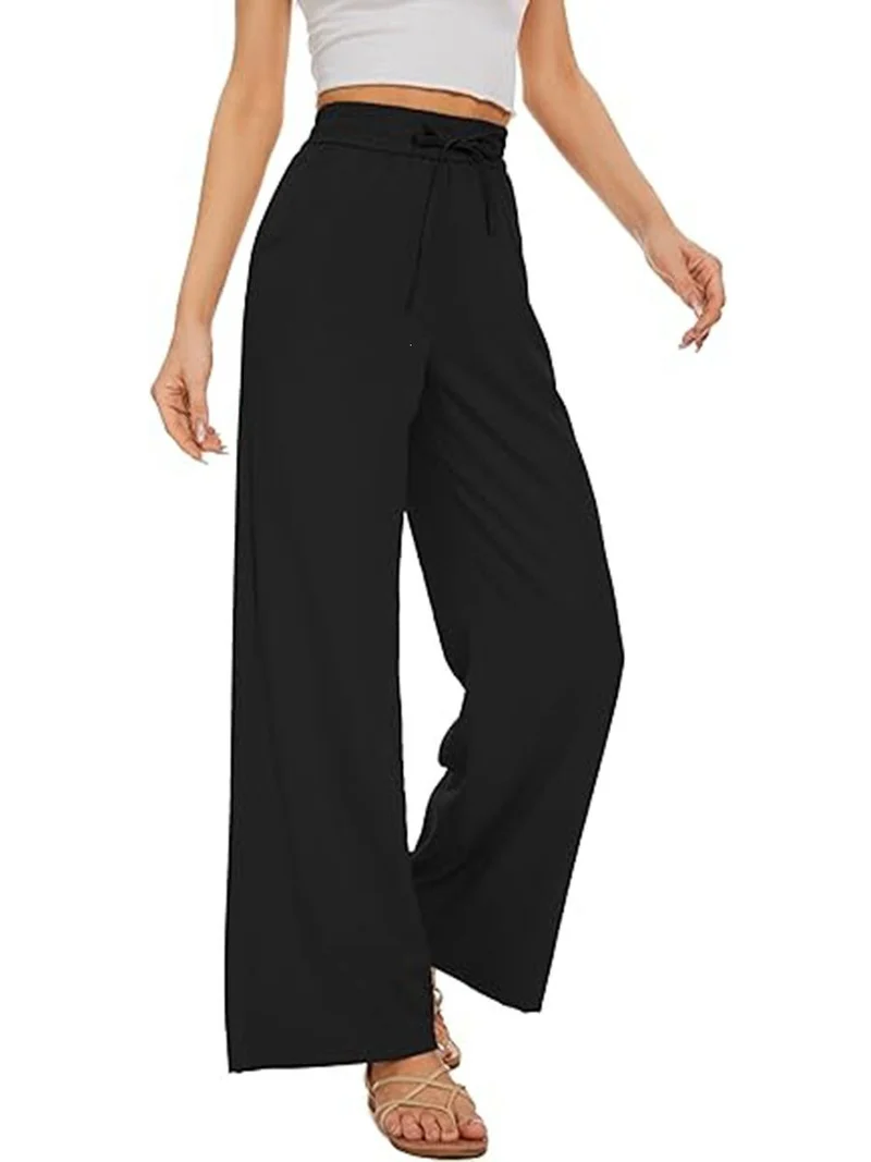 Damen Weite Leinenhose mit hohem elastischem Bund, Kordelzug und Eingrifftaschen Nord Taschen