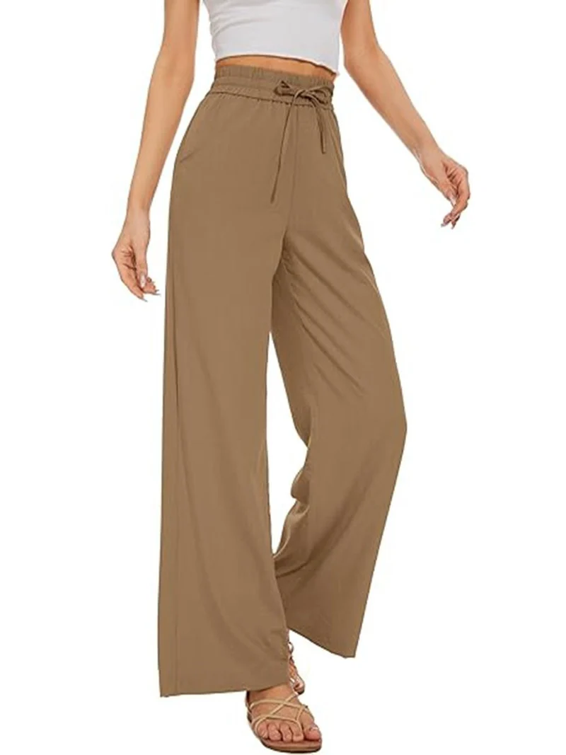 Damen Weite Leinenhose mit hohem elastischem Bund, Kordelzug und Eingrifftaschen Nord Taschen