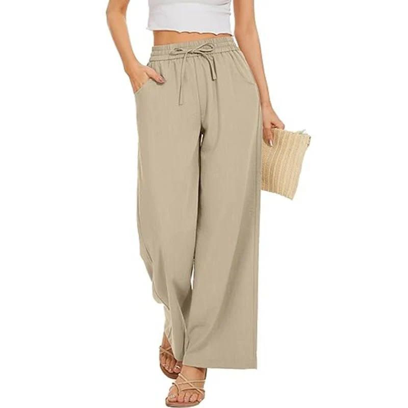 Damen Weite Leinenhose mit hohem elastischem Bund, Kordelzug und Eingrifftaschen Nord Taschen