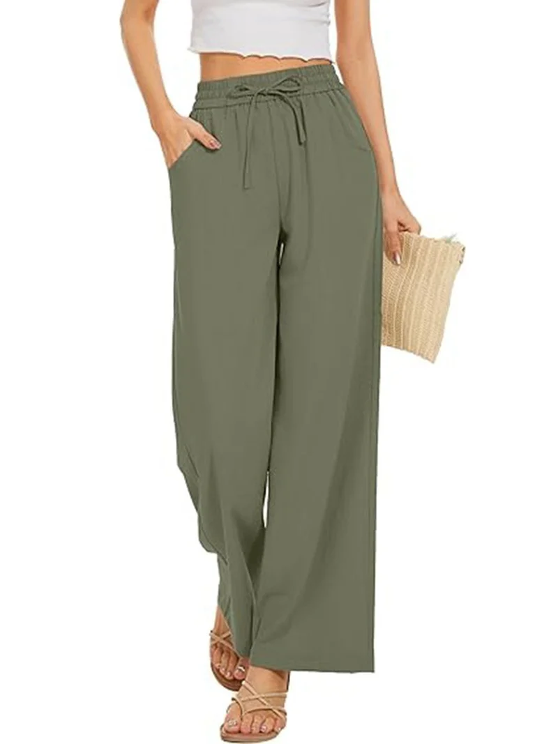 Damen Weite Leinenhose mit hohem elastischem Bund, Kordelzug und Eingrifftaschen Nord Taschen