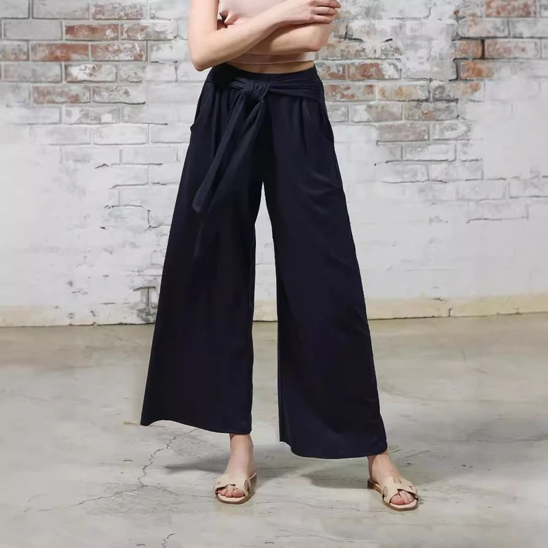 Damen Weite Jersey-Hose mit hohem Bund und Bindegürtel Nord Taschen