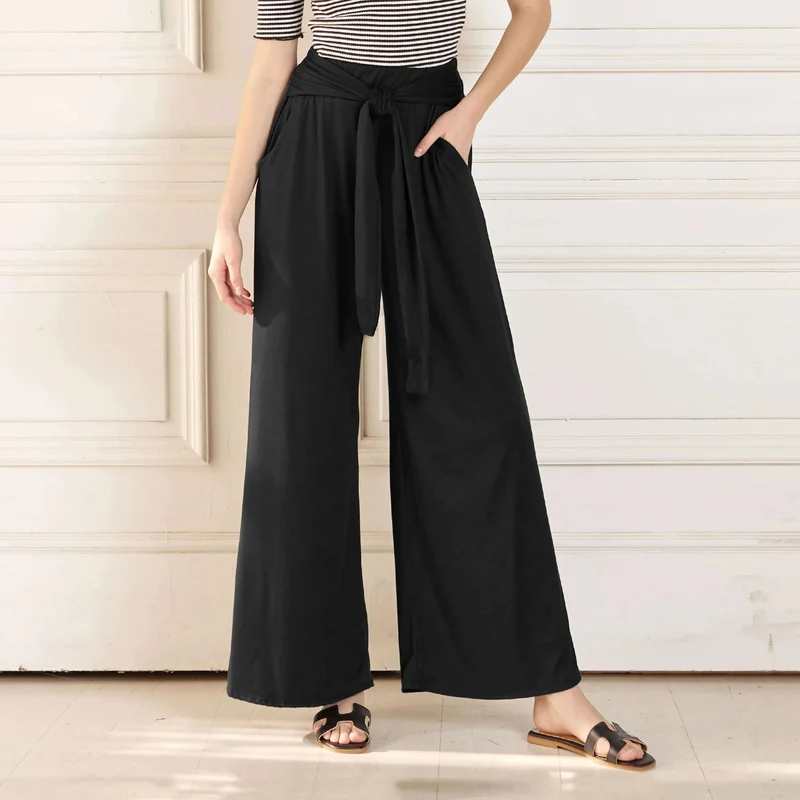 Damen Weite Jersey-Hose mit hohem Bund und Bindegürtel Nord Taschen