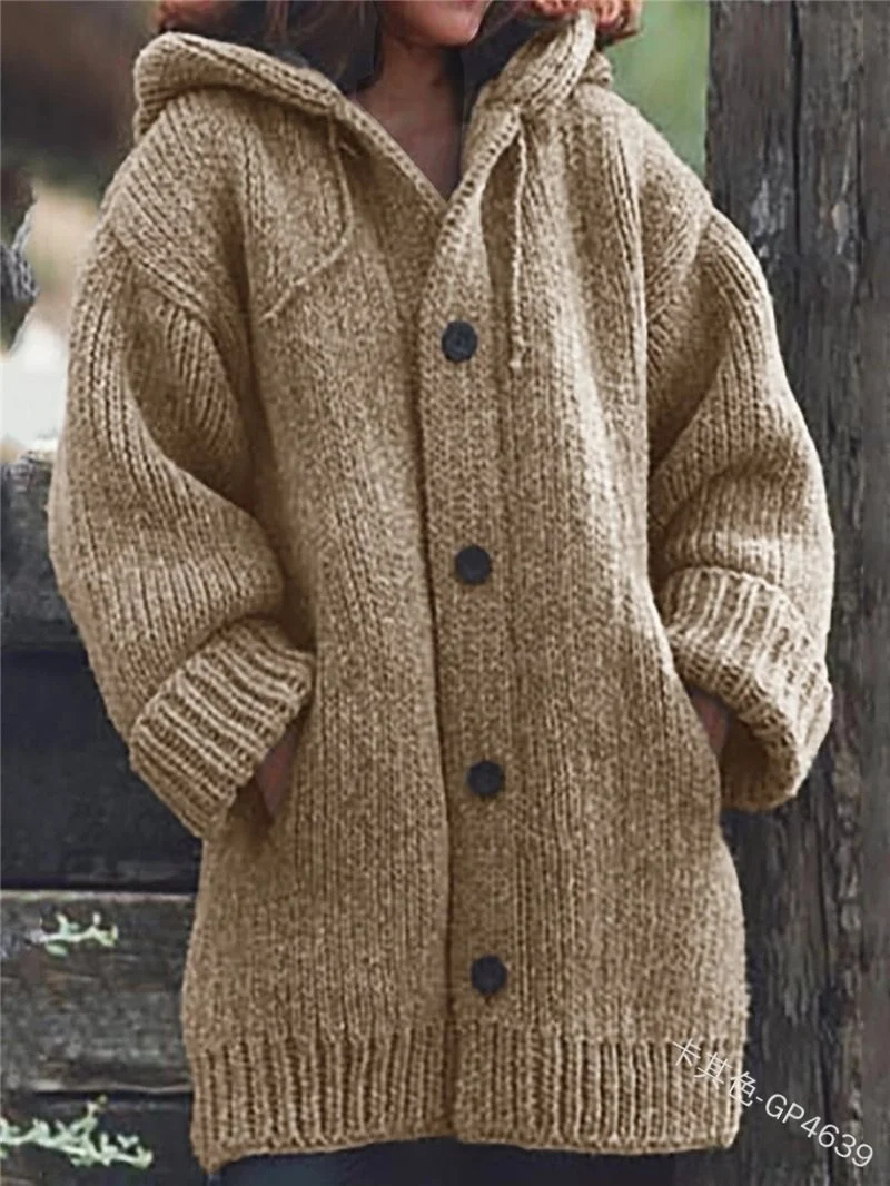 Damen weit geschnittener Kapuzen-Strickmantel mit Knopfleiste und Eingrifftaschen Nord Taschen