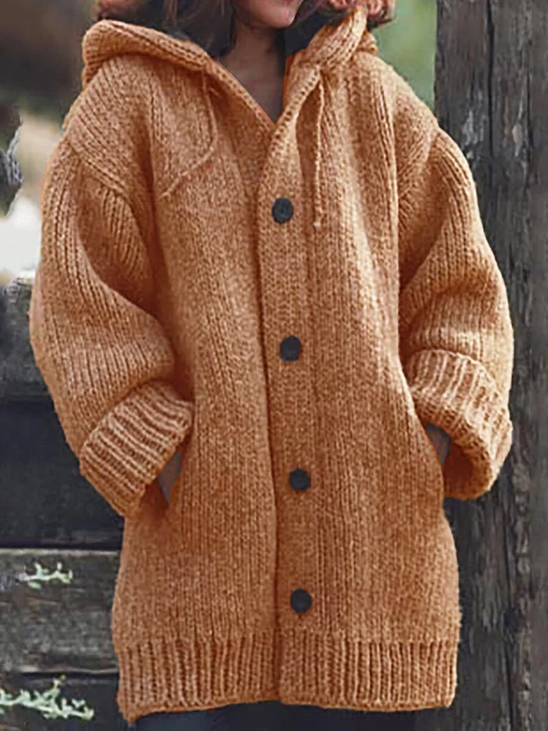Damen weit geschnittener Kapuzen-Strickmantel mit Knopfleiste und Eingrifftaschen Nord Taschen