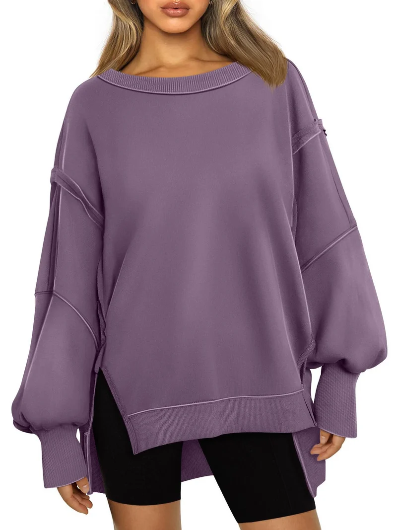 Damen Weiches Longline-Sweatshirt mit Ballonärmeln, seitlichen Schlitzen und geripptem Saum Nord Taschen