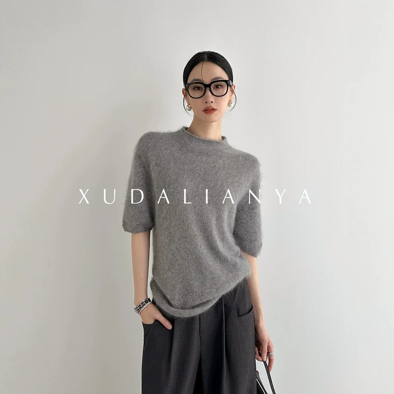 Damen Kuscheliger Mohair-Mix Kurzarm-Pullover mit Stehkragen Nord Taschen