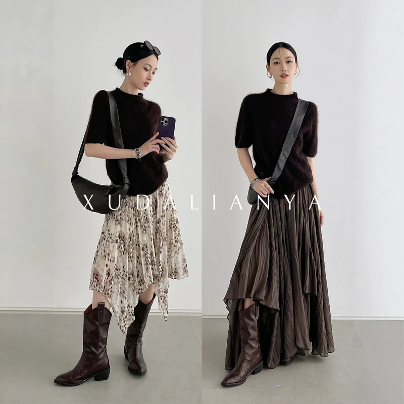 Damen Kuscheliger Mohair-Mix Kurzarm-Pullover mit Stehkragen Nord Taschen
