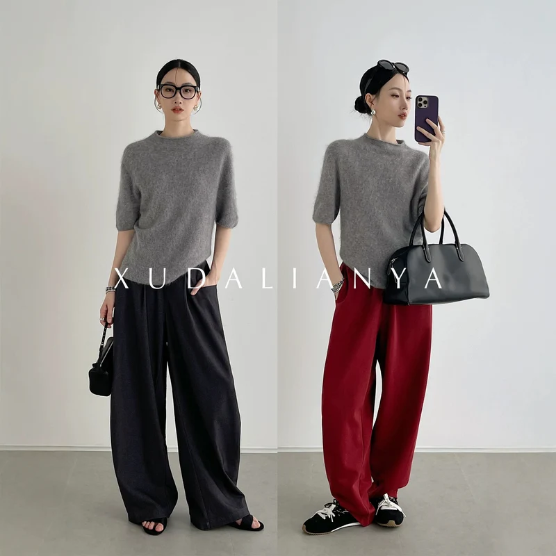 Damen Kuscheliger Mohair-Mix Kurzarm-Pullover mit Stehkragen Nord Taschen
