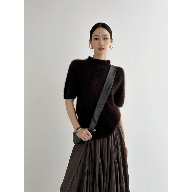Damen Kuscheliger Mohair-Mix Kurzarm-Pullover mit Stehkragen Nord Taschen
