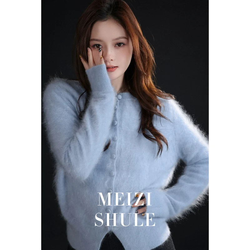 Damen Kuschelige Mohair-Strickjacke mit Rundhalsausschnitt und verdeckter Knopfleiste Nord Taschen