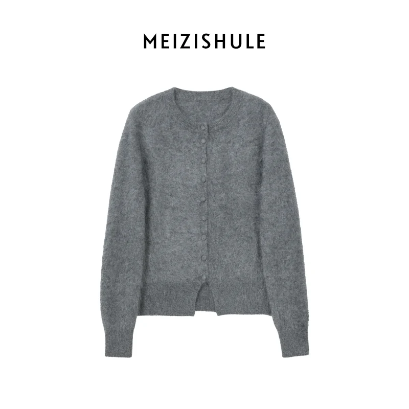 Damen Kuschelige Mohair-Strickjacke mit Rundhalsausschnitt und verdeckter Knopfleiste Nord Taschen