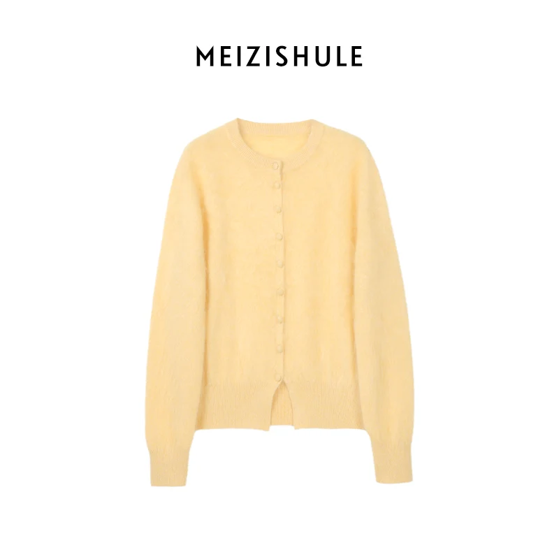 Damen Kuschelige Mohair-Strickjacke mit Rundhalsausschnitt und verdeckter Knopfleiste Nord Taschen